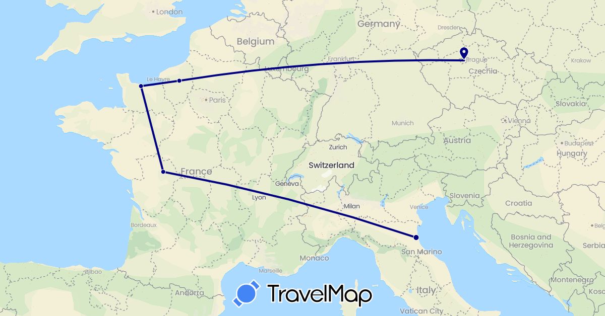 TravelMap itinerary: driving in Czech Republic, France, Italy (Europe)